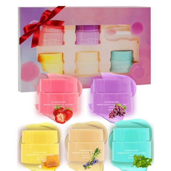 Lip Sleeping Mask Set,5 Pcs Moisturizing Lip Balm for Repair Dry Cracked Lips,Deep Hydrating Overnight Lipgloss Day&Night Non-Sticky Lips Primer Moisturizer Balms,Women Lipoil Care Christmas Gift