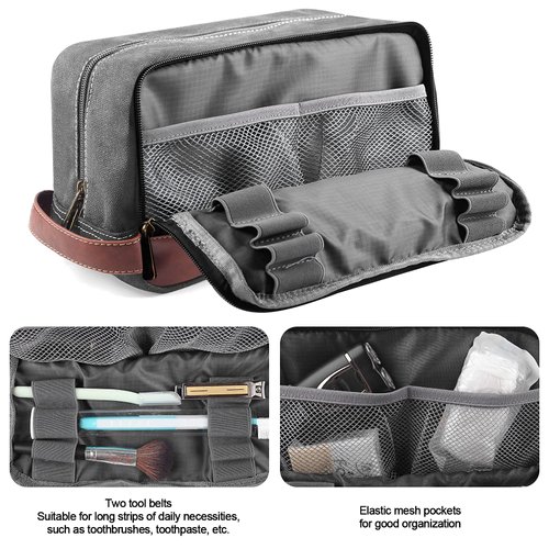 seemeroad Toiletry Bag Canvas for Men/Women Traveling Cosmetic Bag Dopp Kit Leather Shaving Organizer Hygiene (M -Grey)