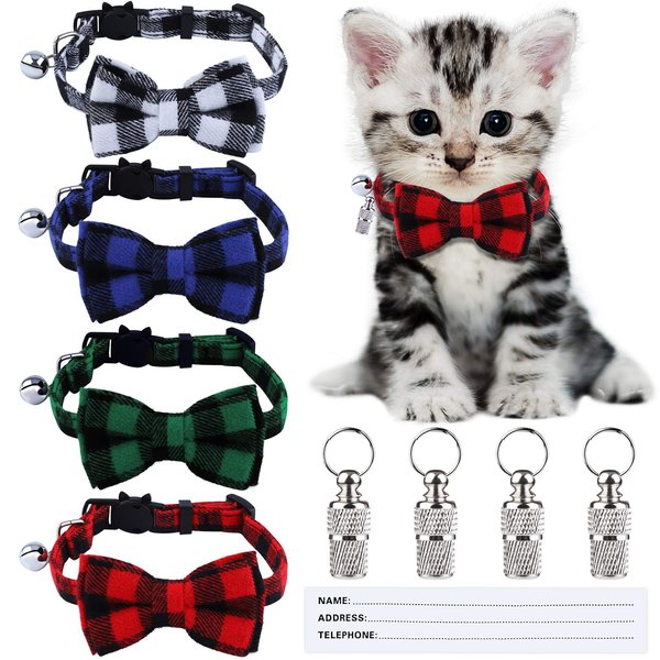 ADXCO 4 Pack Plaid Cat Collars Quick Release Cat Collar with Bell and Bow Tie Kitty Safety Cat Collar Breakaway Cat Collar Cute Plaid Adjustable Cat Bow Tie Collars with 4 Pack Anti-Lost Tags