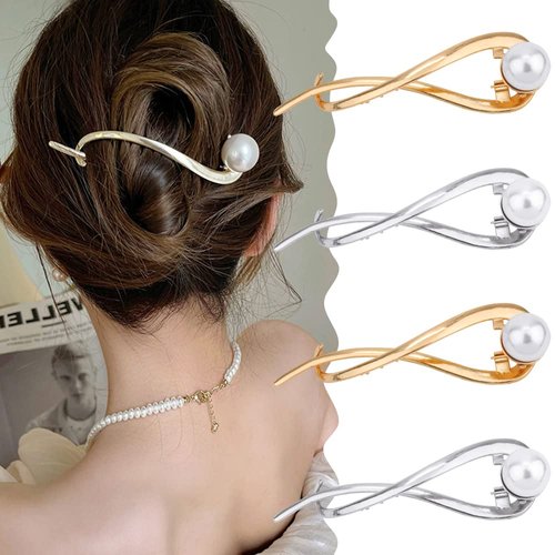 Ahoney 4 Pcs Hairpin Pearl Barrettes for Women 4.2" French Hair Clips for Hair Fancy Pearls Hair Pins for Thick Hair (Silver+Gold)
