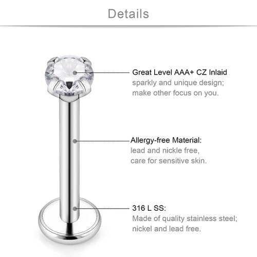 SCERRING 20PCS 16G 8mm Stainless Steel Labret Monroe Lip Ring Tragus Nail Helix Earring Stud Piercing Jewelry with 2mm Clear CZ Opal