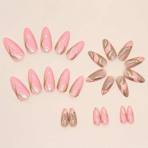RikView Pink Press on Nails Medium Fake Nails with Swirls Design Almond Acrylic Nails Glossy Full Cover Nails