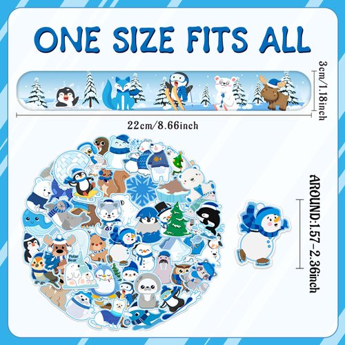 74 PCS Winter Arctic Animal Party Favors, 50 PCS Arctic Animal Stickers 24 PCS Arctic Animal Slap Bracelets Winter Arctic Polar Animal Birthday Party Decorations Supplies for Kids Classroom Rewards
