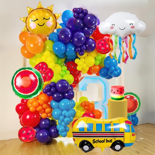 Rainbow Balloon Garland Arch Kit 140pcs Assorted Colors with Watermelon School bus Sun and Cloud Mylar balloons for Watermelon Birthday Party back to school Decorations