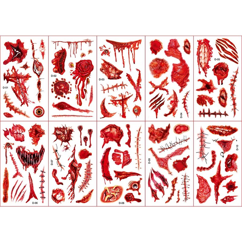 VEOFEMLEA 10 Sheets Halloween Scar Tattoos, Horror Realistic Fake ...