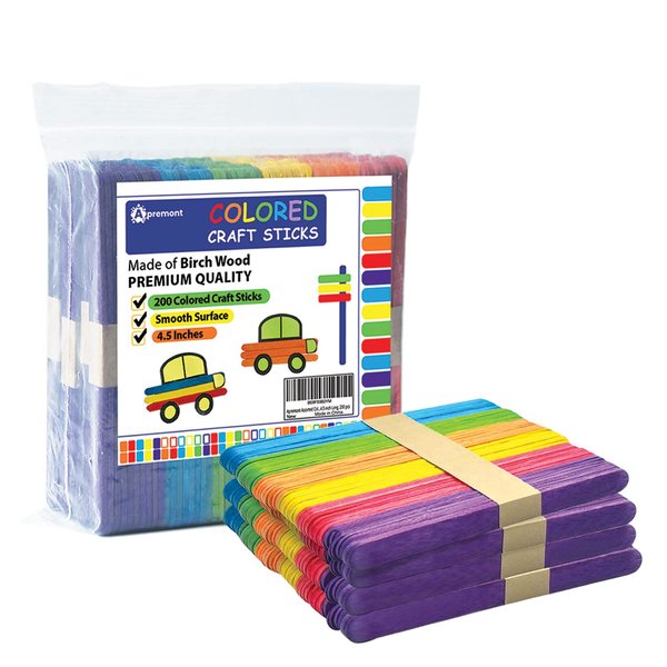 Apremont 200 pcs Colored Wooden Craft Sticks, Popsicle Stick, Arts and Crafts, Best for DIY Games Making, Building Designs or Kids Education, 4.5 inch Long (4.5 Inches, Mixed Colors)