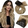 Moresoo Seamless Clip in Hair Extensions Human Hair Balayage Real Hair Clip in Extensions Ombre Brown to Light Brown with Golden Blonde Seamless Hair Extensions Clip in Human Hair 22inch 7pcs 120g