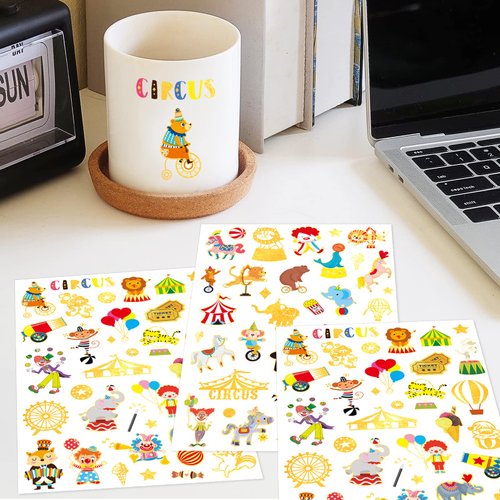 Glitter Circus Carnival Temporary Tattoo Stickers 360 Count Gold Red White Party Favors Goodie Bags Decor Waterpoof Fake Tattoos Art Craft for Kids Circus Carnival Birthday Supplies Gifts