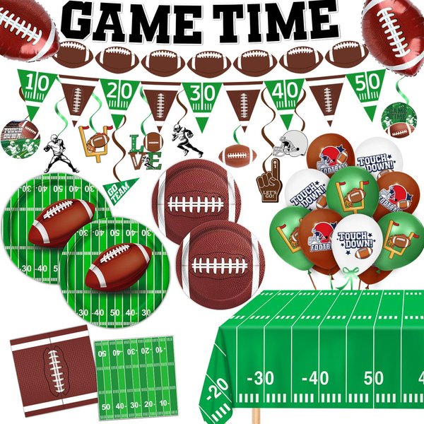 Football Party Supplies Kit Football Party Decorations - Includes Plates, Napkins, Cups, Banner, Hanging Swirl, Football Balloons, Tablecloth for Football Birthday Party Football Game Day, Serve 25