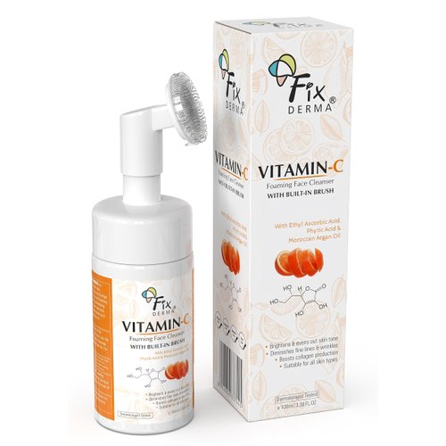 Fixderma Vitamin C Foaming Face Cleanser, Face wash, Evens skin tone, With Built In Silicone Brush, Reduces fine lines & wrinkles, Unclogs pores, Exfoliates the skin, Non-irritating cleanser, No Paraben, No Soap, No sulphate, 3.38 fl oz