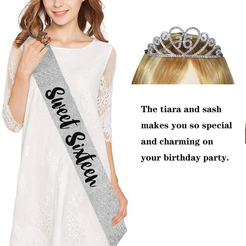 16th Silver Birthday Tiara and Sash Glitter Satin Sash and Crystal Rhinestone Tiara Crown for Happy 16th Birthday Party Supplies Favors Decorations 16th Birthday Party Accessories