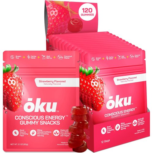 ōku Energy Chews - Energy Gummies w/Natural Caffeine from Green Tea | Yerba Mate, Coconut Water for Hydration, 4g Fiber Gummy, Non-GMO | Running, Cycling, On-The-Go Snacks, Strawberry (12-Pack)