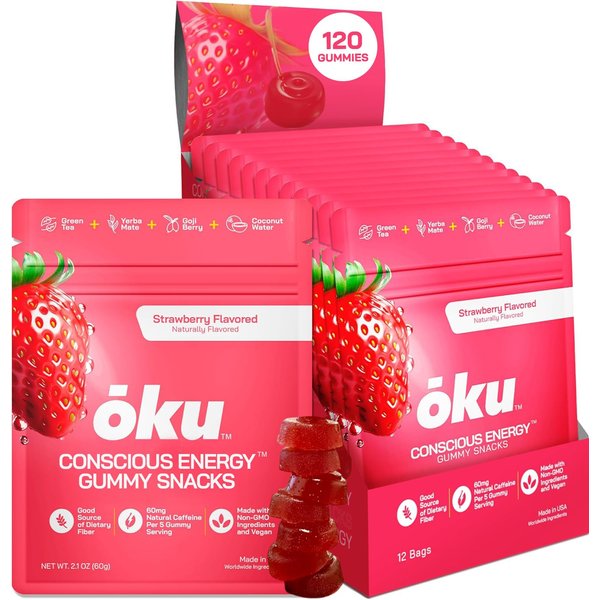 ōku Energy Chews - Energy Gummies w/Natural Caffeine from Green Tea | Yerba Mate, Coconut Water for Hydration, 4g Fiber Gummy, Non-GMO | Running, Cycling, On-The-Go Snacks, Strawberry (12-Pack)