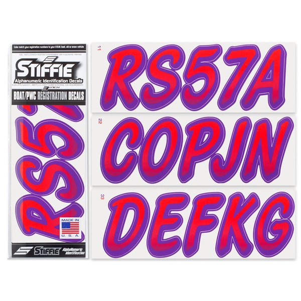 STIFFIE Whipline Red/Purple 3" Alpha-Numeric Registration Identification Numbers Stickers Decals for Boats & Personal Watercraft
