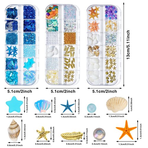 3 Boxes 3D Mixed Ocean Theme Nail Art Rhinestones Accessories Summer Beach Shell Starfish Conch Sea Series Sequin Nail Art Charms with Tweezers for DIY Nail Art Designs Manicure Decoration