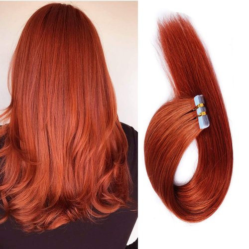 20 Inch Tape in Hair Extensions Remy Human Hair Extensions Se mi-Permanent Pre-taped Invisible Weft Color Straight #350 Copper Red 20 pcs/50g (20", Copper Red)