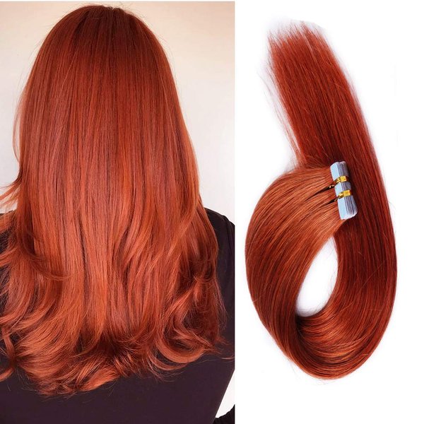 20 Inch Tape in Hair Extensions Remy Human Hair Extensions Se mi-Permanent Pre-taped Invisible Weft Color Straight #350 Copper Red 20 pcs/50g (20", Copper Red)