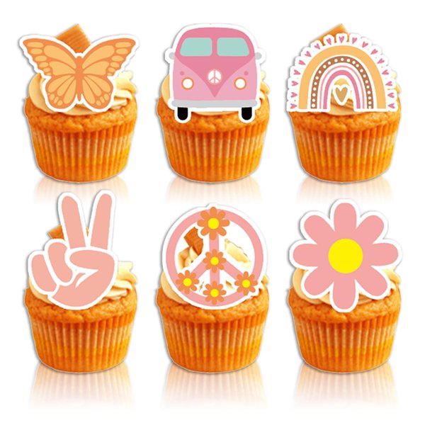 48pcs Groovy Boho Birthday Party Supplies,Boho Rainbow Party Cupcake Toppers for Kids Gift Birthday Party Favors Kid's Hippie Birthday Party cake Decoration Supplies (BB)
