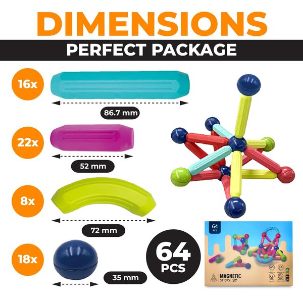 WeeKids Magnetic Building Blocks of 64 Pcs | STEM Educational Montessori Toys for Kids | Gifts for Kids Birthday or Christmas | Game Set for Kid’s | Recommended Age 3+ (64Pcs)