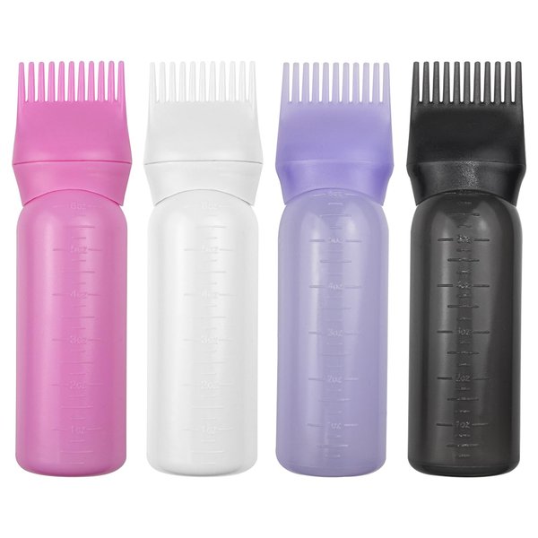 ELANE 4 Pack Root Comb Applicator Bottle,Hair Oiling applicator,Oil Comb Applicator,Hair Bottle Applicator for Hair Dye Shampoos Hair Salons. (Black+white+purple+pink)