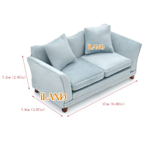 iLAND Dollhouse Couch, Modern Dollhouse Furniture on 1/12 Scale, Miniature Sofa for Dollhouse Living Room (Light Sky Blue Velvet)