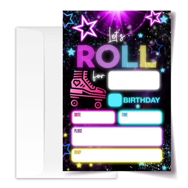 ANYEMW 4x6 Roller Skate Birthday Invitation, Party Invitations, Glow Neon Party Favors, Roller Skate Party Decorations, Kids Birthday Invitations, 20 Cards with 20 Envelopes.(25) (roller(25))