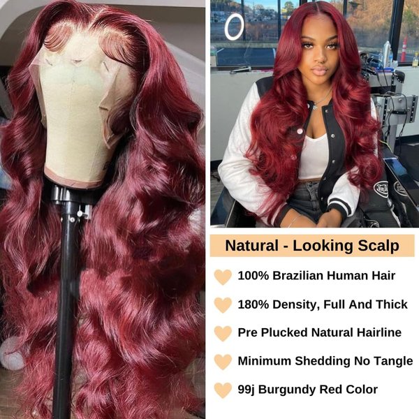 13x4 99J Burgundy Body Wave Lace Front Wig Human Hair 150% Density Wine Red Color Wigs for Women Free Part Hd Transparent Lace Front Wigs Pre Plucked with Baby Hair Colored Glueless Wigs 30 inch