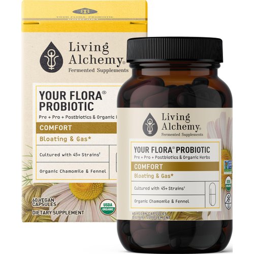 Your Flora Probiotic Comfort – Non-GMO Probiotics with Fermented Soybean, Chamomile, Fennel, Prebiotics, Digestive Enzymes for Digestion & Bloating – Prebiotics, Postbiotics – Living Alchemy, 60 Pcs
