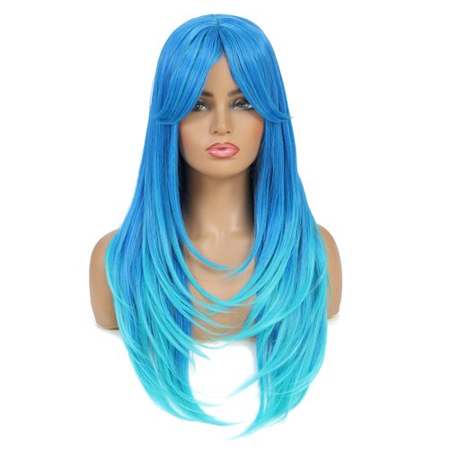 SWACC Long Layered Straight Wig with Bangs Synthetic Hair Wig for Women with Wig Cap (Teal Blue Ombre)