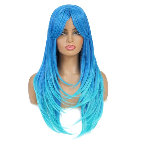 SWACC Long Layered Straight Wig with Bangs Synthetic Hair Wig for Women with Wig Cap (Teal Blue Ombre)