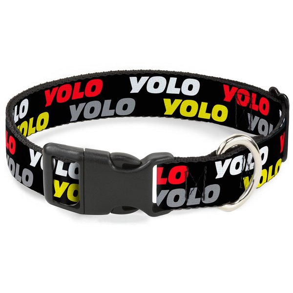 Buckle-Down Plastic Clip Collar - YOLO2 Black/Red/White/Gray/Yellow - 1" Wide - Fits 9-15" Neck - Small