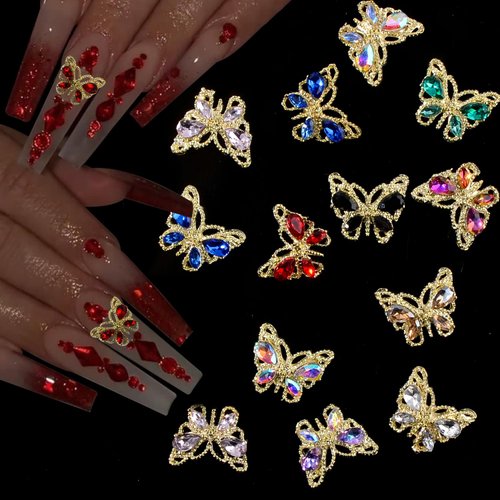 WEILUSI 20PCS Gold Butterfly Nail Charms 3D Alloy Butterfly Nail Rhinestones Shine Nail Gem Jewelry Nail Butterfly Charms for Acrylic Nails DIY Craft Manicure Nail Art Decorations(10 Colors)
