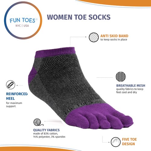 FUN TOES Women's Cotton Toe Socks-Breathable-6 PAIRS Pack-Size 9-11-Lightweight (2 Black/ 2White/ 2Grey-Purple)