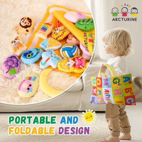 ARCTURINE Baby Soft Alphabet Set, Sensory Toys for Babies Includes 26 Cloth Learning Toys, Washable Soft Crinkle and Foldable Storage Mat, Play Mat for Babies 6-12 Months