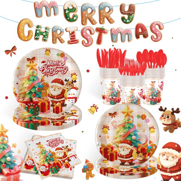 169pcs Christmas Party Plates and Napkins Table Dinnerware Set Decorations，Christmas Dinnerware Set Serves 24, Christmas Party Supplies for Kids and Adults