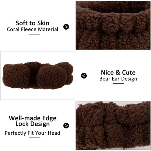 Ondder 2Pcs Bear Ears Headband, Coffee & White, Soft Spa Hair Band for Washing Face, Facial Skincare, Makeup, Yoga, Exercise, Party, Women