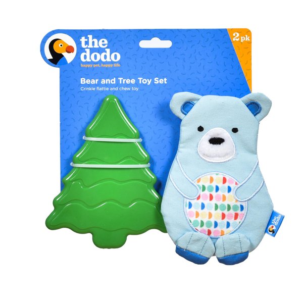 The Dodo Woodland Animals Stuffingless 2pc Dog Toy Set: Bear & Tree; No Plush Squeaky Bear Flattie Dog Toy + Rubber Tree Chew Toy; Durable Toys for Dogs