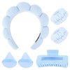 ACO-UINT 6Pcs Blue Spa Headband and Wrist Washbands Set, Skincare Headband Face Wash Headband Makeup Headband, Hair Claw Clip and Powder Puffs for Women and Girls