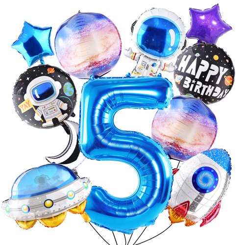 TMCCE 11 PCS Space theme Birthday Party Decoration Astronaut Spaceman Foil Balloons For 5th Outer Space Birthday Party Supplies (Blue-5th)