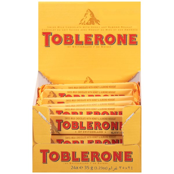 Toblerone Swiss Milk Chocolate with Honey & Almond Nougat, Valentines Day Chocolate Candy, 24 - 1.23 oz Bars