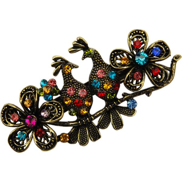 Two Love Birds Multi-colored Rhinestone Hair Barrette- 3" +Gift Bag