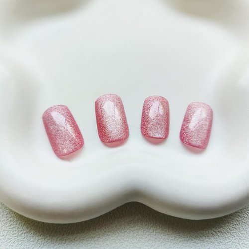 Pink Cat Eye Press on Nails Square Fake Nails Medium False Nails with Solid Color Deign Gradient Acrylic Nails Glossy Artificial Nails Glitter Stick on Nails Glue on Nails for Women and Girls 24Pcs
