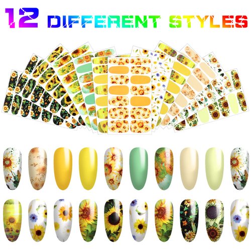 12 Sheets Sunflower Nail Art Stickers Floral Flower Nail Art Stickers Sunflower Self-Adhesive Nail Decals Nail Art Supplies Summer Nails Design with Nail File for Women DIY Nail Decoration