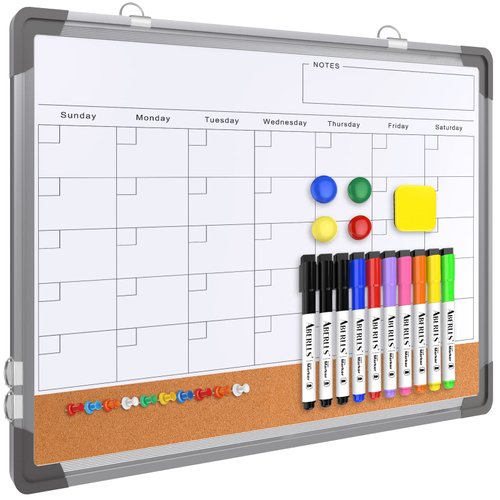 Monthly Calendar Whiteboard Dry Erase Cork Board Combination for Wall, 17"x13" Magnetic Dry Erase Board, Double-Sided White Board, Portable Board for Office, Kitchen, Planning, Memo, School, Home