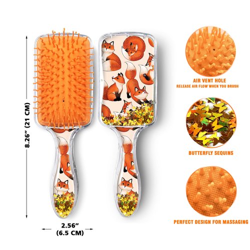 WIRESTER Rectangle Glitter Hair Brush For All Hair Types, Comb Hair Brush for Girls Women, Detangle Hairbrush Suitable for Wet and Dry Hair - Red Fox Funny Playful Postures