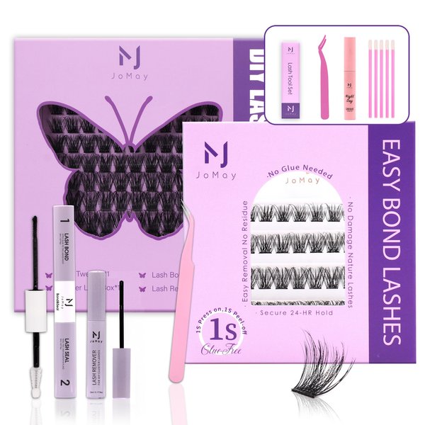 JoMay DIY Lash Extension Kit Volume Lash Clusters, Self Adhesive Eyelashes,with Lash Bond and Seal, Lash Remover, Lash Applicator(X4 Set)