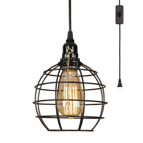 EFINEHOME 1 Light Hanging Swag Lamp with Plug in 15 Ft Cord On/Off Switch with Pull Chain- Black Industrial Vintage Cage Pendant Light (Lampshade Globe)