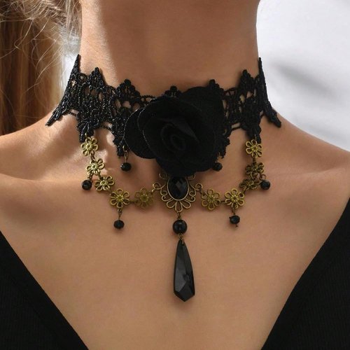 Xerling Black Flower Lace Choker for Women Crystal Beads Pendant Tassel Necklace Halloween Costume Wrap Choker