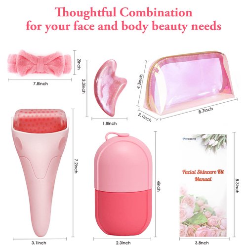 WEEGEEKS Ice Roller and Ice Mold for Face Massager Tools - 5-Piece Face Roller Skin Care Kit with Ice Face Roller, Face Ice Mold, SPA Headband, Gua Sha Tool-Beautiful Clutch Bag Included