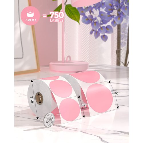 MUNBYN 2 Inch Pink Circle Thermal Sticker Labels, Self-Adhesive Round Direct Thermal Labels, Multi-Purpose Roll Sticker Labels for DIY Logo Design, QR Code, Name Tag, Inventory-Pink 750 Labels/1 Roll
